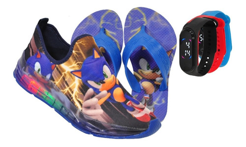 Tênis Led Infantil Sonic Menino Novo + Relógio + Chinelo