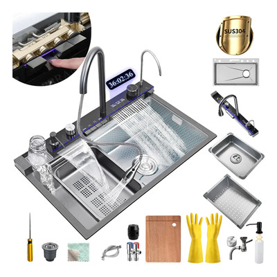 Tarja Fregadero De Cocina Inoxidable 304 Cascada Acero　Grifo de latón macizo　80×46×23 Cm Apto Para Múltiples Escenarios Resistente A Aceite Y Suciedad VRATOPBRAND Gris | Envío gratis