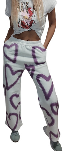 Pantalón Jogger Jogging Friza Palazzo Estampado Corazón 