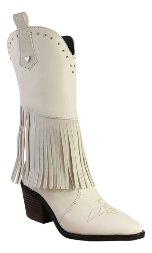 Bota Dama Vinipiel Beige Tubo 3/4 Vaquera Flecos Barbas Tira