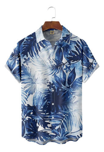 K Ghb Camisa Hawaiana Unisex Azul Con Hojas Palma, Camisa