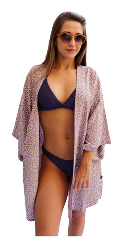 Kimono Feminino Saída De Praia Onça Animal Print Verão