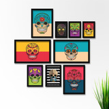 Conjunto Kit 9 Quadros Decorativos Caveiras Mexicanas