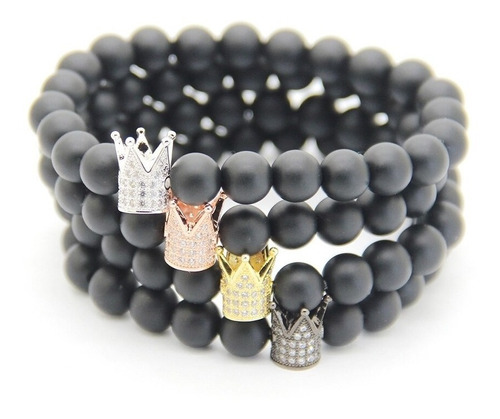 Pulsera Piedra Negro Onix Mate Corona Rodio