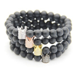 Pulsera Piedra Negro Onix Mate Corona Rodio