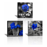3 Paneles De Lienzo De Rosa Azul Pared  Arte De Flores ...