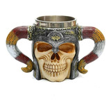 Taza Cráneo Vikingo Acero Inoxidable Cuernos Calavera 450ml