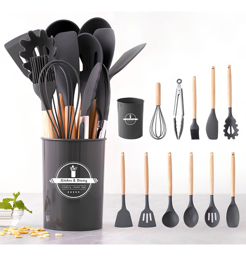 Kit 12 Utensílios De Cozinha Em Silicone E Cabo De Madeira