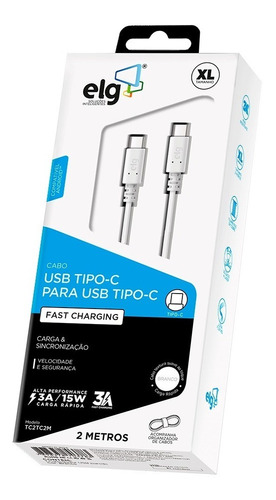 Cabo ELG Usb Tipo C 2 Metro Para Recarga E Sincronização 