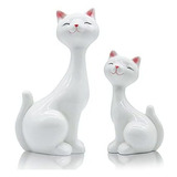 2 Figuras De Gato De Cerámica Blanca Con Luz Led, Bonita Est