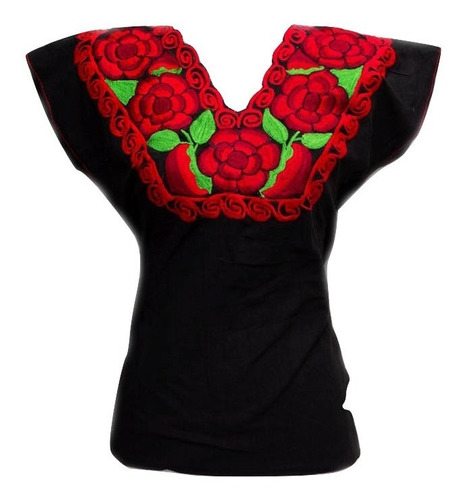 Blusa Artesanal Mexicana Bordada Con Rosas Chiapas Mediana