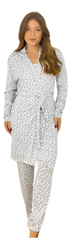 Conjunto Pijama Feminino Com Robe Em Malha Suede