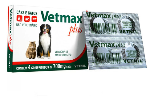 Vermífugo Vetnil Vetmax Plus 700 Mg 4 Comprimidos
