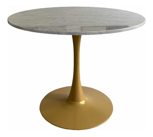 Mesa De Comedor En Mármol Carrara 100cm Diámetro Dorado