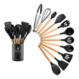 Kit C/12 Utensílios De Cozinha Silicone Cabo Madeira