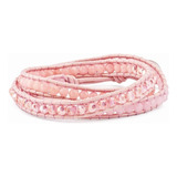 Cuero Rosa Cuarzo Cristal Multi Wrap Latón Botón Pulsera Joy