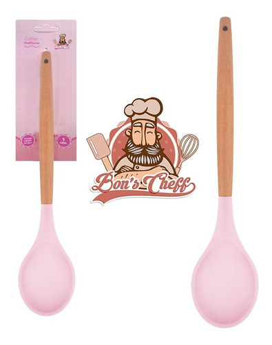 Colher De Arroz Silicone Rosa Cabo Madeira Bons Cheff 31x6,5