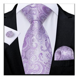 Corbata Elegante Lila Violeta Con Diseño + Pañuelo Y Collera