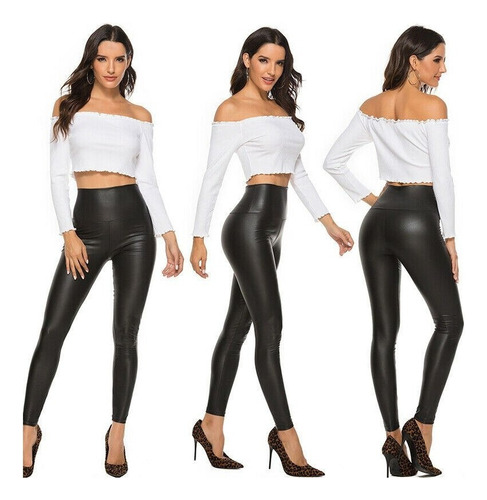 Leggins Ajustados Negros De Piel Sintética Elástica For Muj