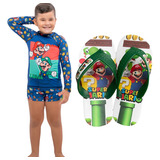 Kit Blusa Sunga Infantil Proteção Uv Super Mario Com Chinelo