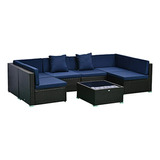 Set Muebles Terraza 7 Piezas Rattan Sintético Azul Oscuro