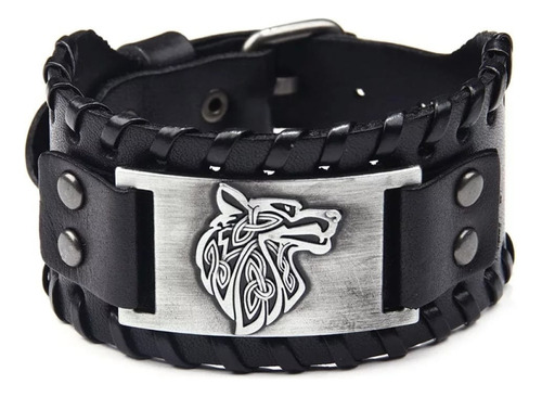 Pulsera Trenzada De Cuero Vikinga Lobo Celta Ajustable