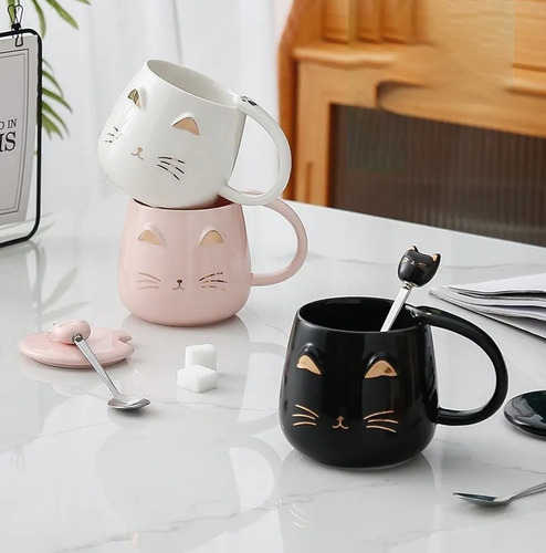 1 Taza Gato Cerámica Tapa Cuchara Para Café O Té Regalo