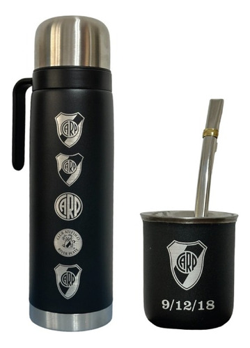 Kit Termo Mate Térmico Negro River Plate Acero Inox Bombilla