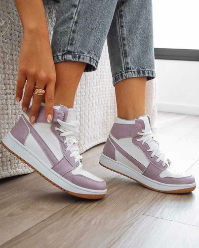 Zapatillas Sneakers Botitas Lila Violeta Y Blanco Cuero Pu