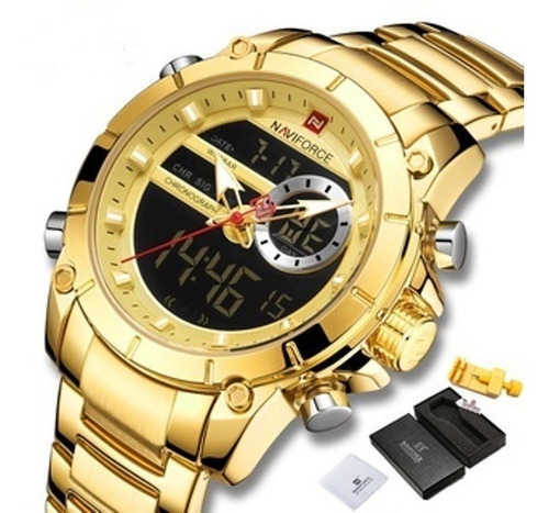 Relógio Naviforce 9163 Dourado Luxo + Caixa Original 