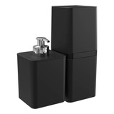 Kit Banheiro Lavabo P/ Sabonete Liquido Escova 2 Pçs Preto