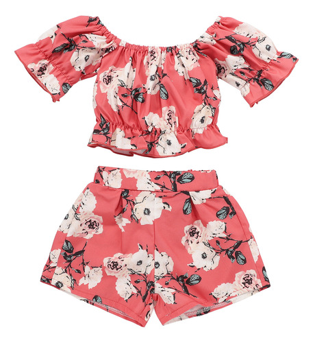 Camiseta Floral Feminina Sem Ombro, Blusas E Shorts, Conjunt