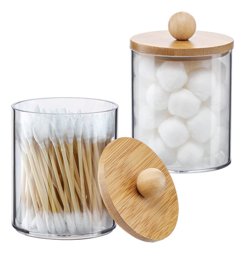 Paquete De 2 Dispensadores Qtip Con Tapas De Bambu, Recipien