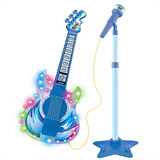 Brinquedo Guitarra Infantil Microfone Pedestal Karaoke Azul