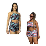 Kit C/ 2 Conjunto Short E Cropped Poliamida Moda Praia