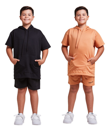 Kit 2 Conjuntos Infantis Bermuda E Camisa Canguru Capuz Kids