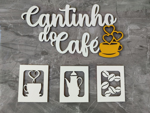 Placa Cantinho Do Café Mdf  Branco E Amarelo 4 Peças Kit 