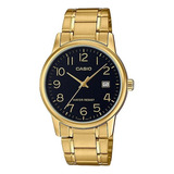 Reloj Pulsera Casio Enticer Mtp-v002 De Cuerpo Color Dorado, Analógico, Para Hombre, Fondo Negro, Con Correa De Acero Inoxidable Color Dorado, Agujas Color Dorado, Dial Dorado, Minutero/segundero Dora