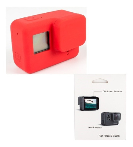 Case Silicone Tampa Lente Vermelho + Película Gopro 5 6 7