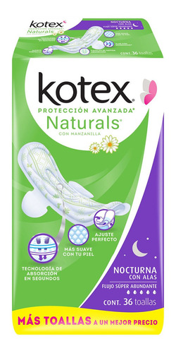 Toallas Femeninas Kotex Naturals Nocturna Con Alas 36 Toallas