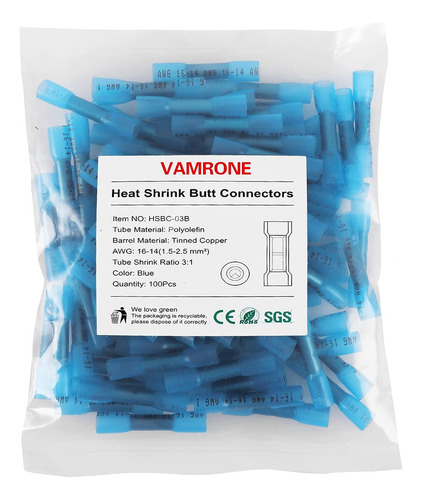 Topes Termocontraíbles Vamrone, 16-14 Awg, Azules, 100 Uni.