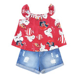 Conjunto Infantil Gabriela Aquarela Blusa Red E Short Jeans 