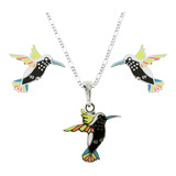 Dije Y Aretes De Plata Colibri Negro Con Cadena