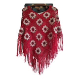 Poncho A Crochet 100% Lana Rojo Flor Beige