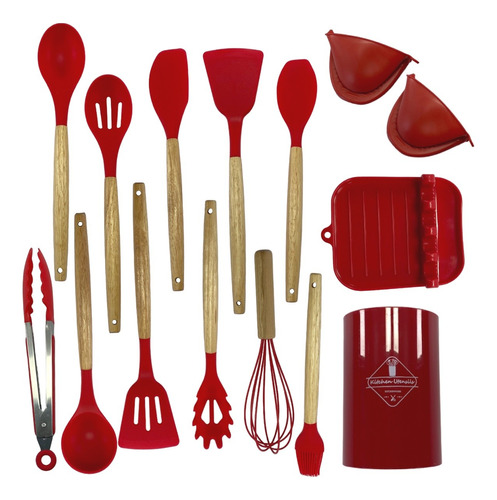 Kit Com 16 Utensílios De Cozinha Silicone C/ Cabo Madeira