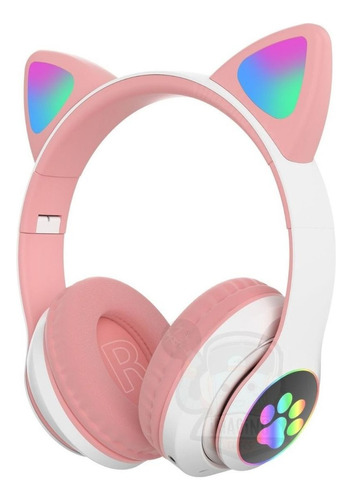 Fone De Ouvido Headphone Gato Gamer Bluetooth Led Colorido Cor Branco Com Rosa