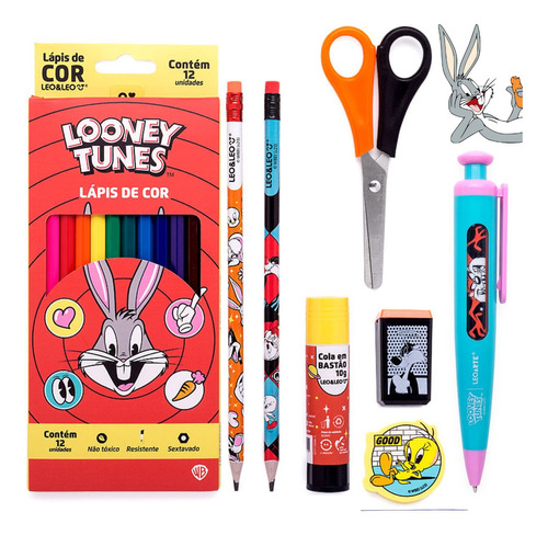Kit Escolar Looney Tunes Lapis De Cor + Caneta Mágica