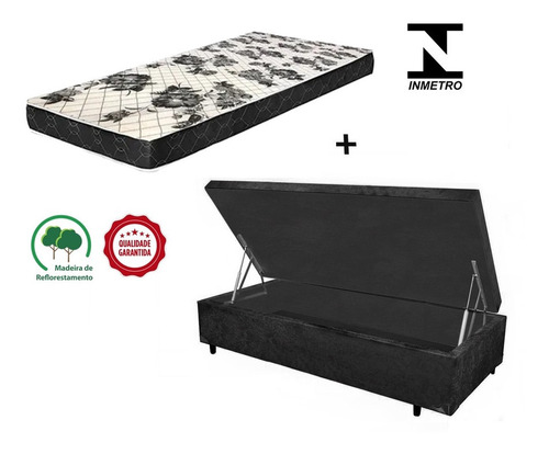 Cama Baú Solteiro Green Suede Preto + Colchão D33 10cm