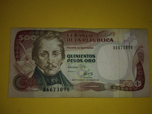 Billete De 500 Pesos Colombiano 2 De Marzo De 1992 -unicolor