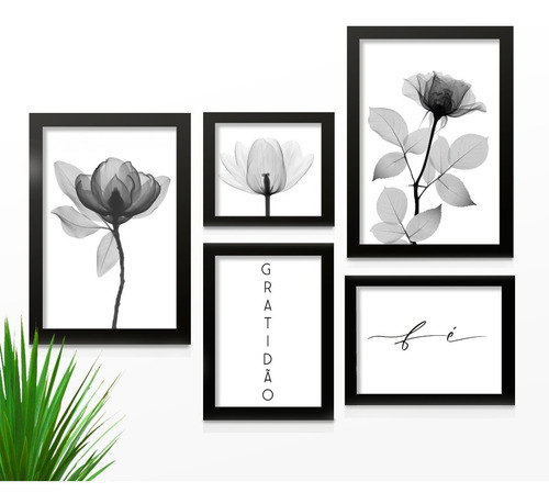 Kit 5 Quadros Decorativo C/ Moldura Abstrato Floral Gratidão